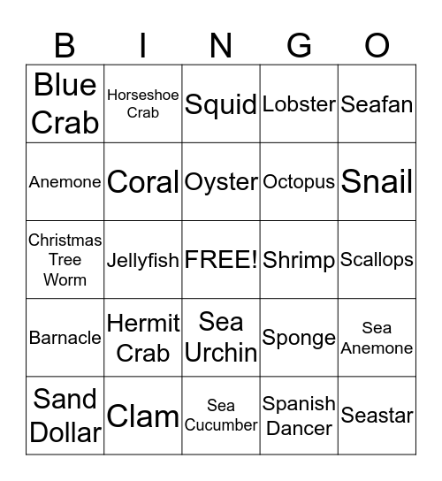 Marine Invertebrate Bingo Card