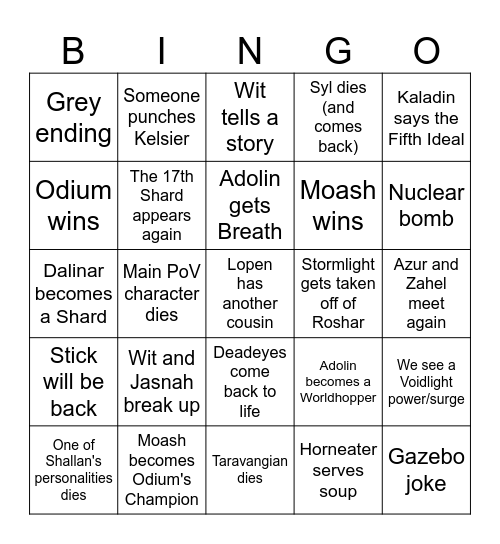 Stormlight 5: Wind and Truth Bingo Card