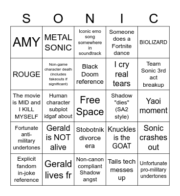 Sonic 3 Bingo Card