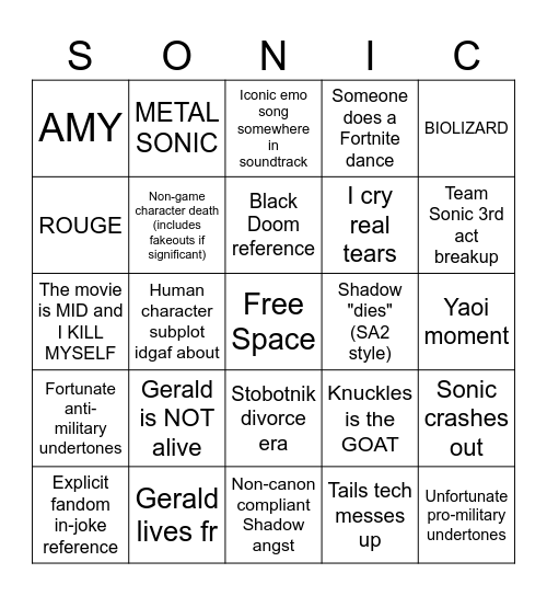 Sonic 3 Bingo Card