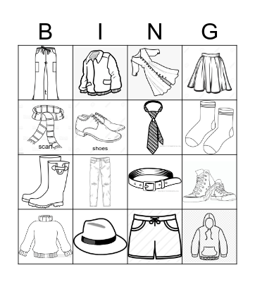 Clothes Bingo! Pictures Bingo Card