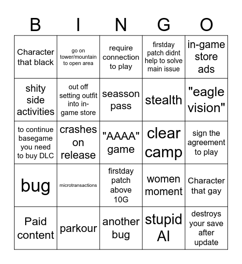 Ubisoft AAA game Bingo Card