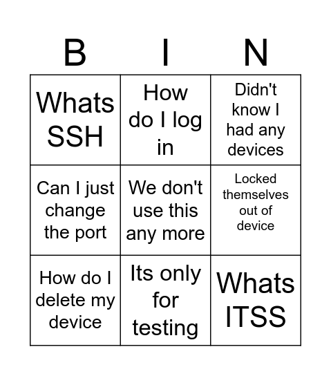 SSH Action farcical response bingo Card