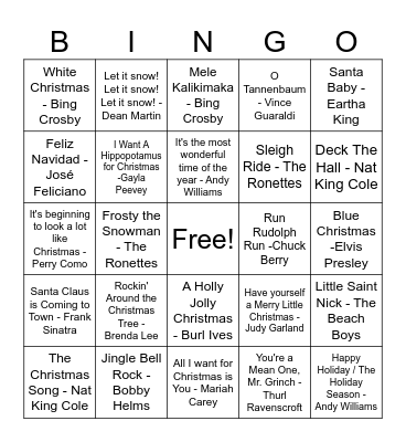 Classic Christmas Songs - NO MUSIC APPS Bingo Card