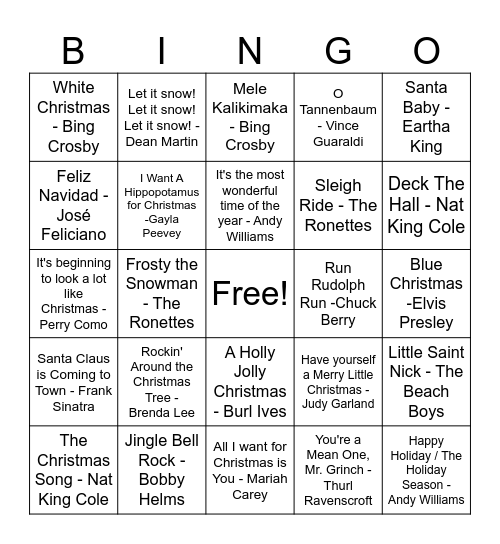 Classic Christmas Songs - NO MUSIC APPS Bingo Card