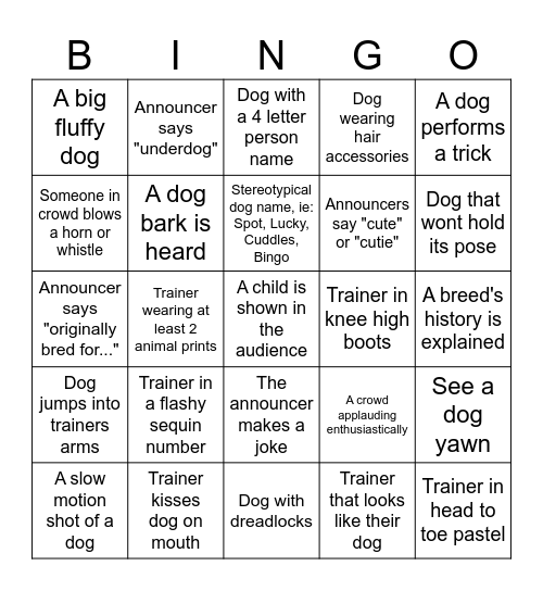 National Dog Show BINGO Card