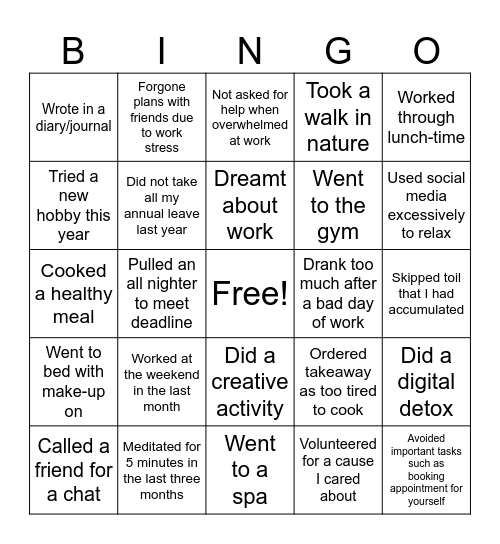 Social work self-care! Bingo Card