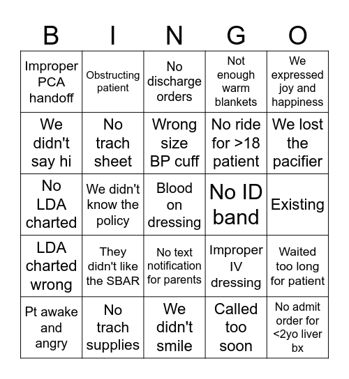 PACU QSRS BINGO! How will we upset PACU today? Bingo Card