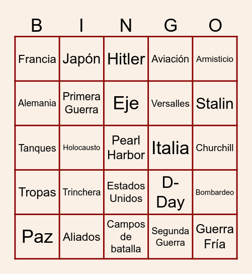 Las Guerras Mundiales Bingo Card