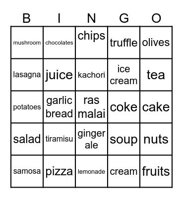 food and drinks Bingo Card