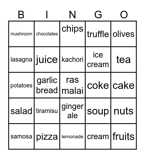 food and drinks Bingo Card