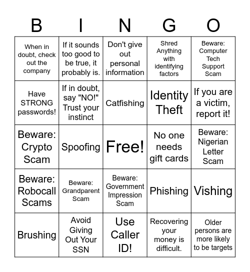 Scam Bingo Card