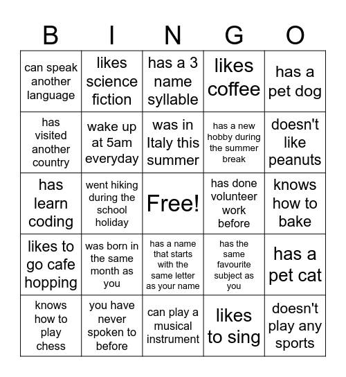 Back To School Bingo (Find Someone Who...) Bingo Card