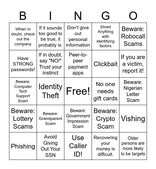 Scam Bingo Card