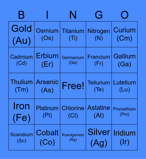 Periodic Table Bingo Card