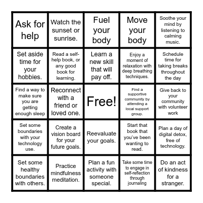 Mental Health Bingo Card