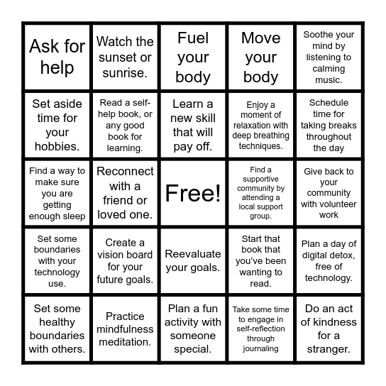 Mental Health Bingo Card