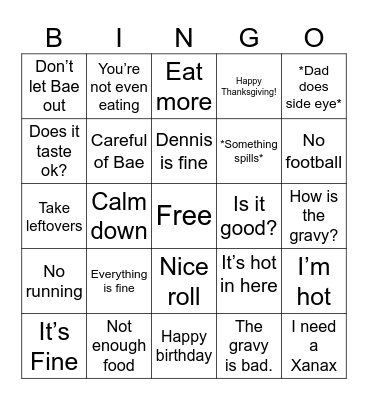 Evans’ Thanksgiving 2024 Bingo Card