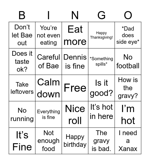 Evans’ Thanksgiving 2024 Bingo Card