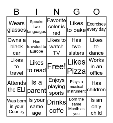 Getting to know you Bingo Card