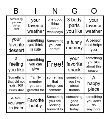 Gratitude Bingo Card