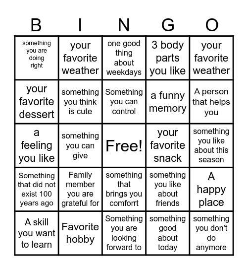 Gratitude Bingo Card