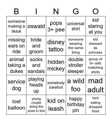 disney bringo bongo Bingo Card