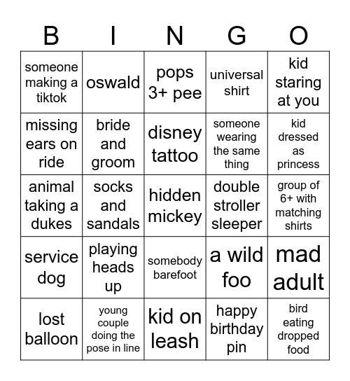 disney bringo bongo Bingo Card