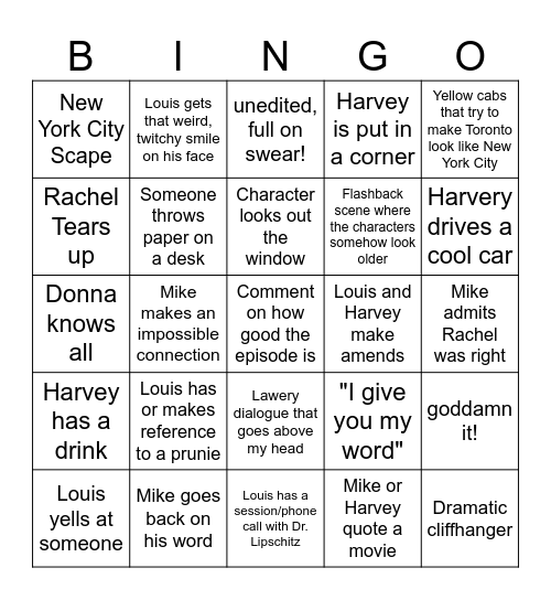 Suits Bingo Card