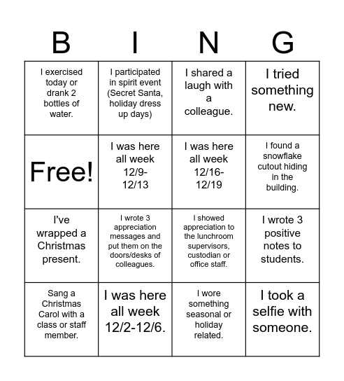 Staff Christmas Bingo Card