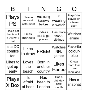 PEOPLE Bingo Card