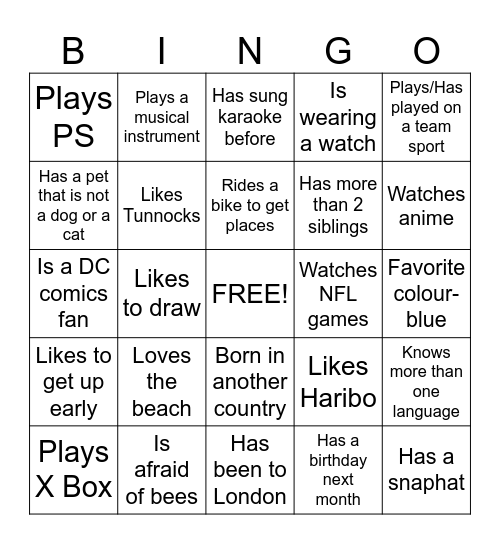 PEOPLE Bingo Card