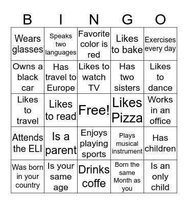 Getting to know you Bingo Card