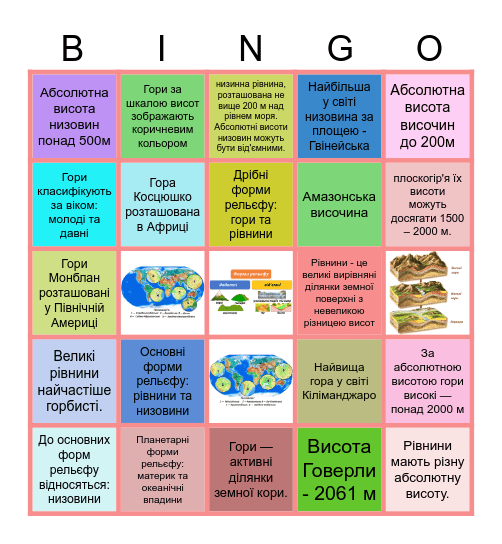 Форми рельєфу. Закресліть неправильні твердження Bingo Card