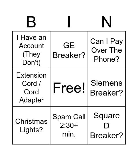 Phone Call Bingo Card