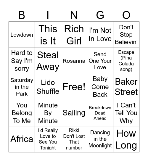 Yacht Rock Bingo Card