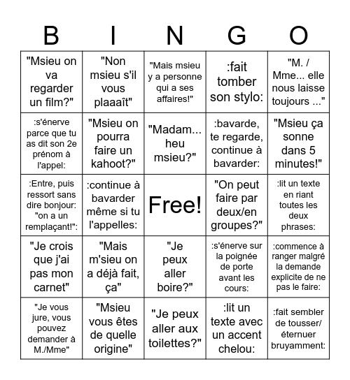 Bingo du remplaçant Bingo Card