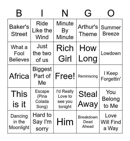 Yacht Rock Bingo Card