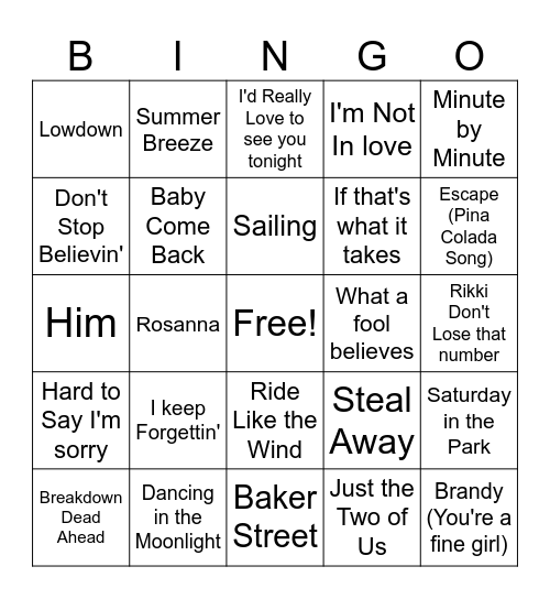 Yacht Rock Bingo Card