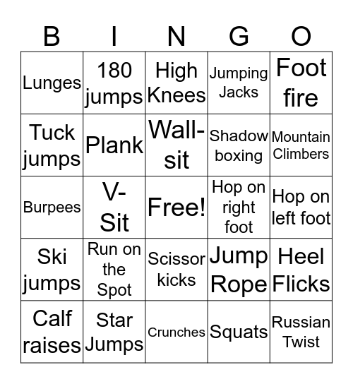 Fitness Bingo Card