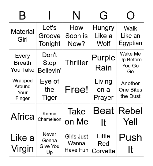 80's Music Bingo Card