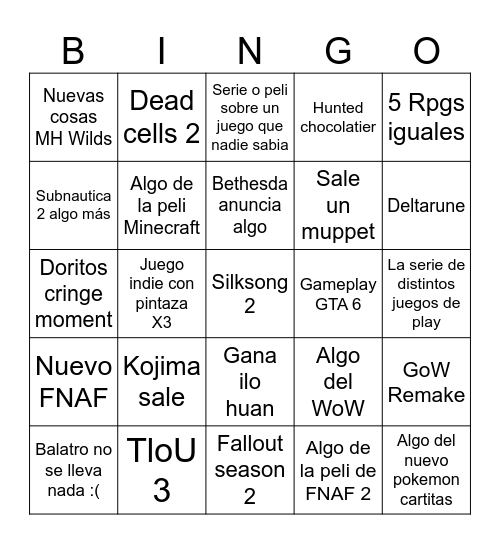 Game Awards Bingo Card