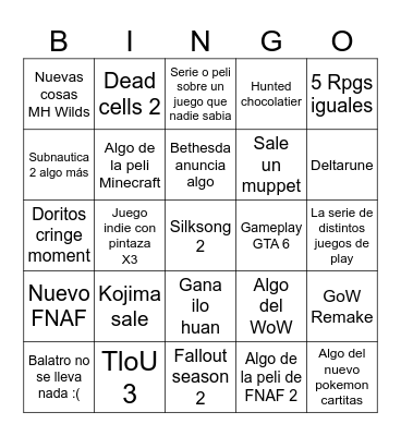 Game Awards Bingo Card