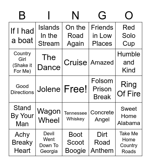 Country Music Bingo Card