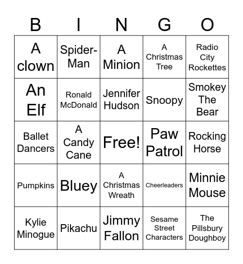 Macy's Thanksgiving Day Parade Bingo Card