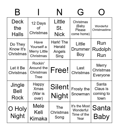 Christmas Music Bingo Card