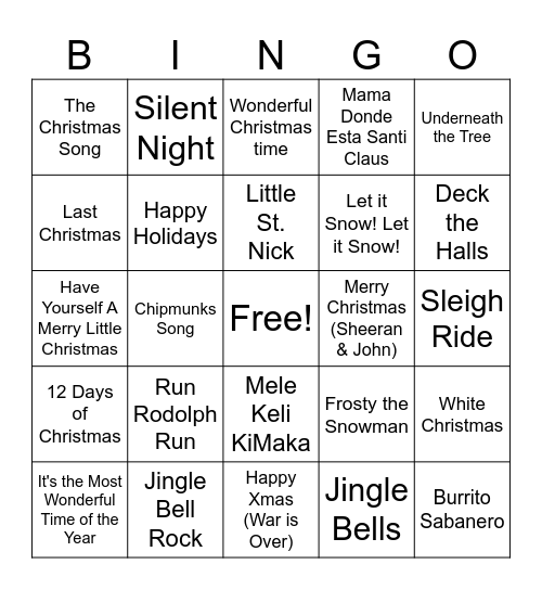 Christmas Music Bingo Card