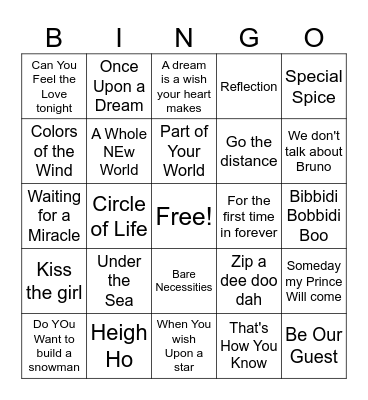 Disney Music Bingo Card