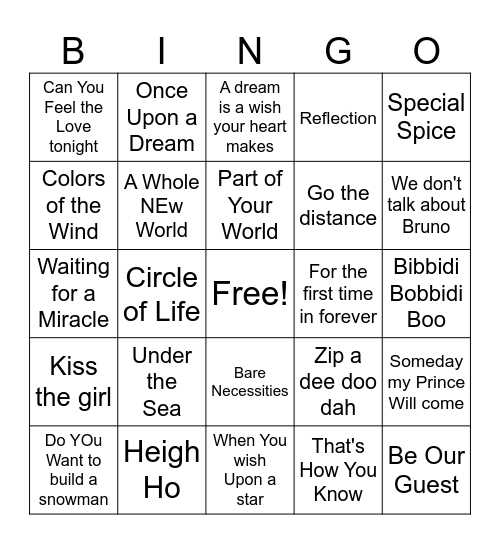 Disney Music Bingo Card