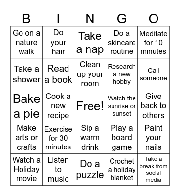 Thanksgiving Self-Care Bingo Card